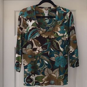 Beautiful Chico’s teal, green, brown & ivory top